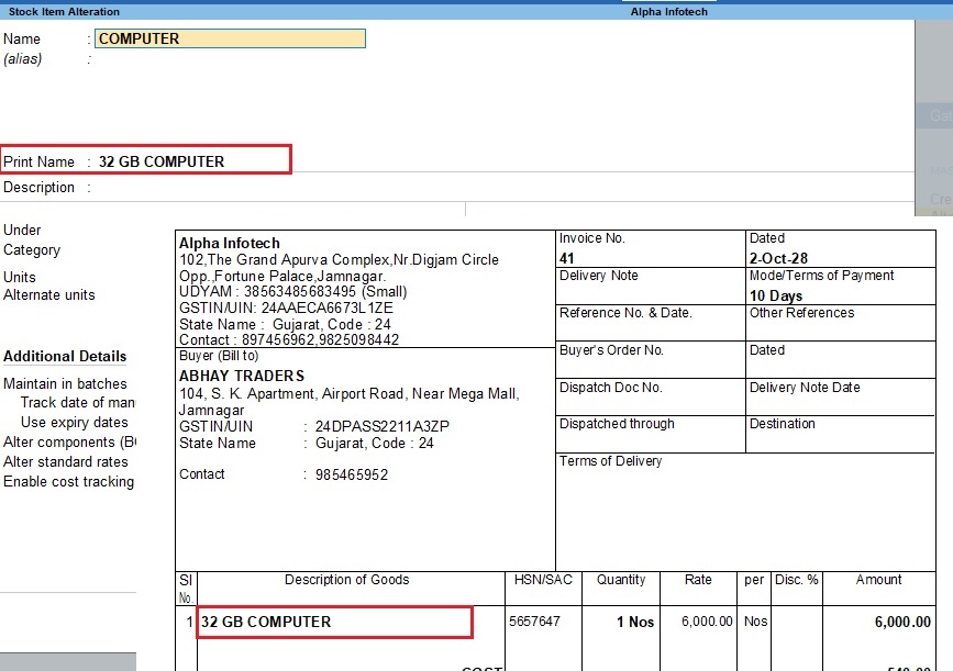 Print Different Stock Item Name in Sales Invoice
